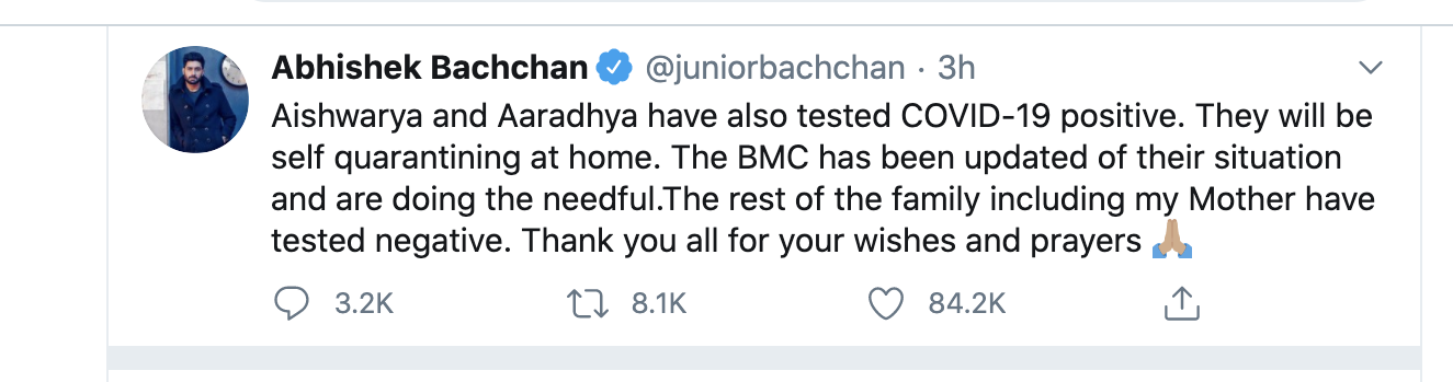 Abhishek Bachchan Tweet about Aishwarya and Aaradhya tested positive for Covid-19
