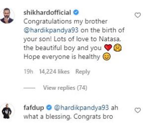 Wishes on Hardik Pandya's Instagram Post