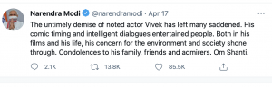 Prime Minister Narendra Modi Griefs at Tamil Actor, Vivekh Demise