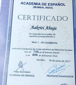 Akriti Ahuja's Spanish Certificate