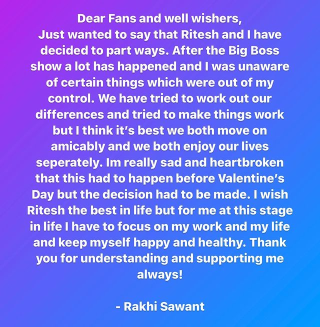 Rakhi Sawant Divorce with Ritesh announcement on Instagram
